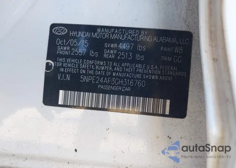 2016 Hyundai Sonata Se from USA, damaged, VIN 5NPE24AF3GH316760